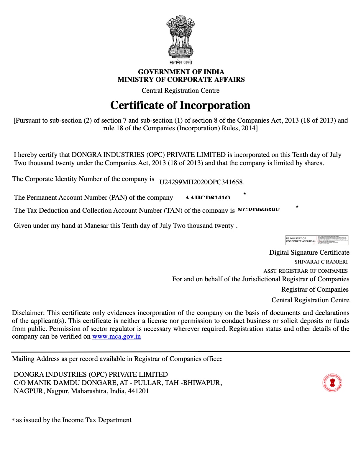 Corporate Identification Number - MCA