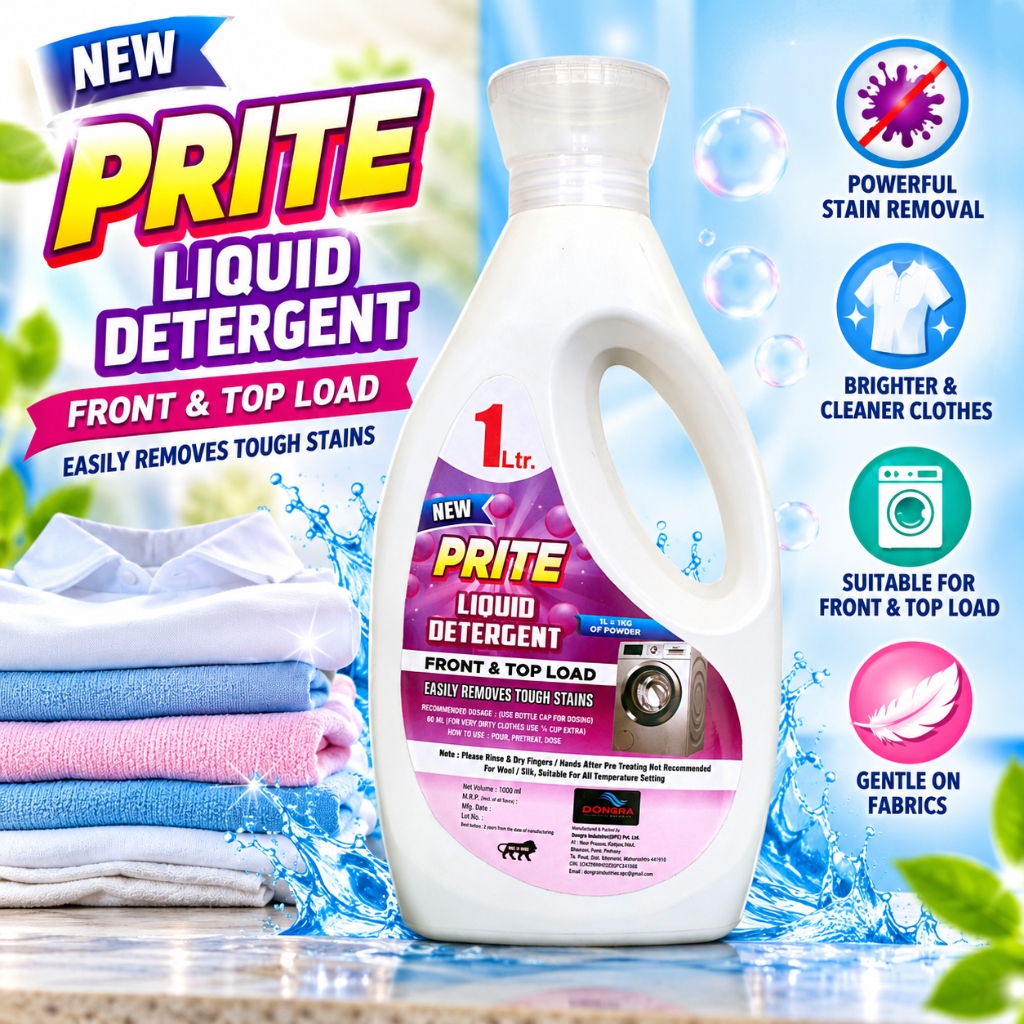 New PRITE Liquid Detergent 1 Ltr Front & Top Load